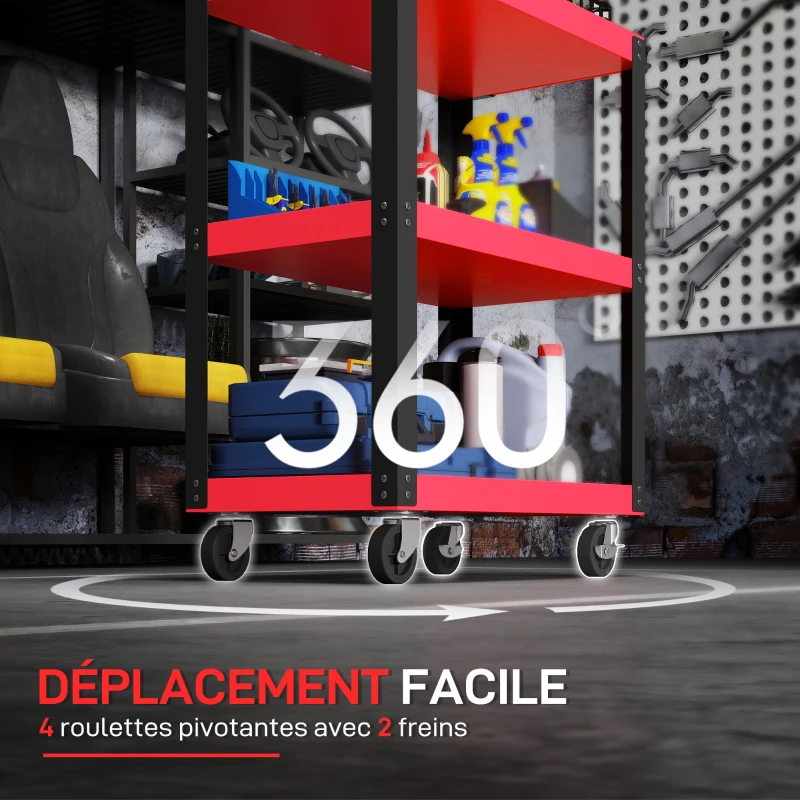 HOMCOM Chariot d'atelier servante atelier à 3 niveaux, poignée latérale et roulettes verrouillables, 70,5x35x82,5cm, rouge