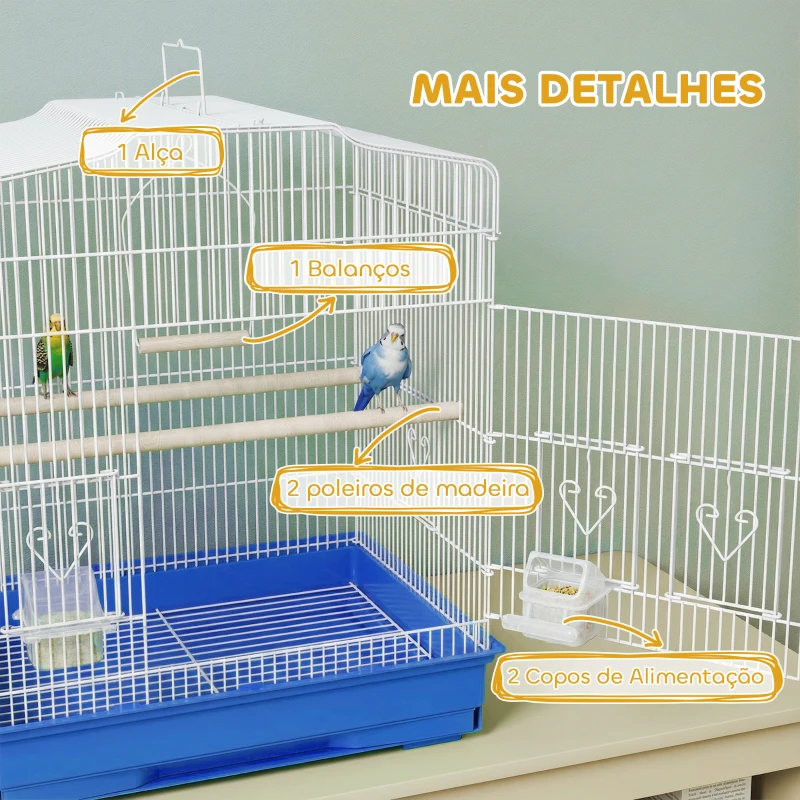 PawHut Gaiola para Pássaros Gaiola de Aço com 2 Recipientes 2 Poleiros Baloiço e Bandeja Removível Pega 46,5x36x59 cm Azul