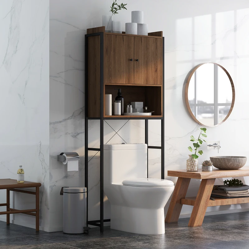 kleankin Meuble étagère dessus WC étagère de salle de bain placard 2 portes et niche 68 x 25,5 x 172,5 cm marron noir