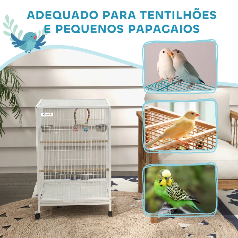 PawHut Gaiola para Pássaros com Rodas Poleiros Baloiço Bandeja Removível e Tigelas de Aço Inoxidável 48x46x78 cm Branco