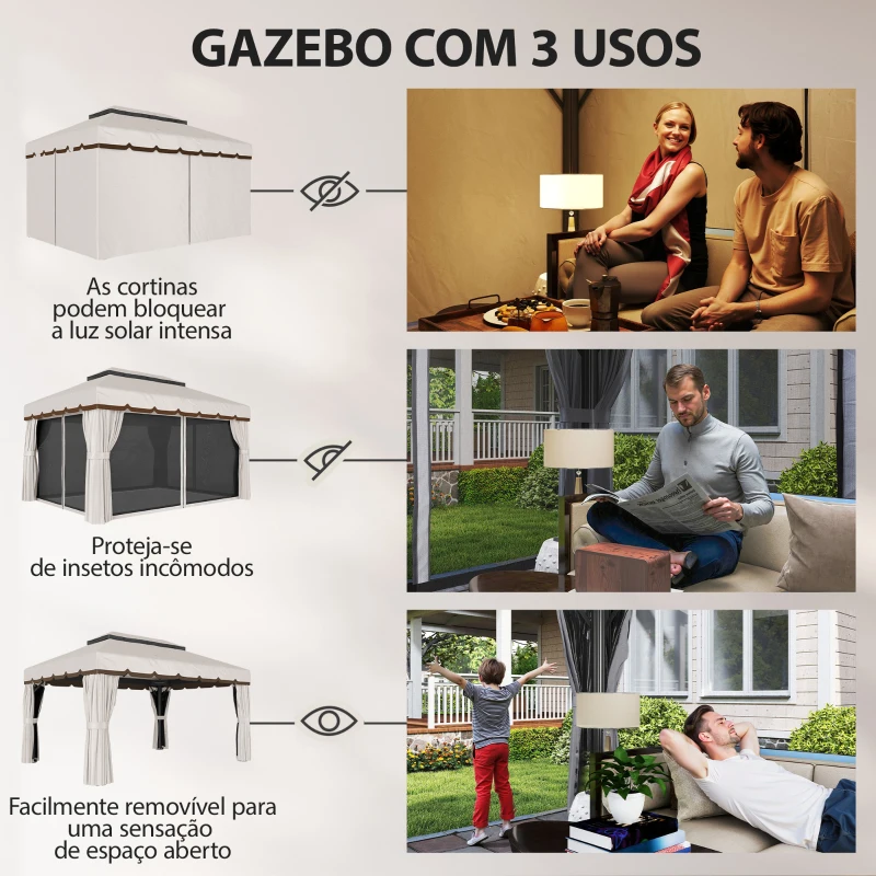 Outsunny Pérgola de Jardim 390x290x270 cm com 4 Cortinas Laterais 4 Telas Mosquiteiras e 8 Orifícios de Drenagem Creme