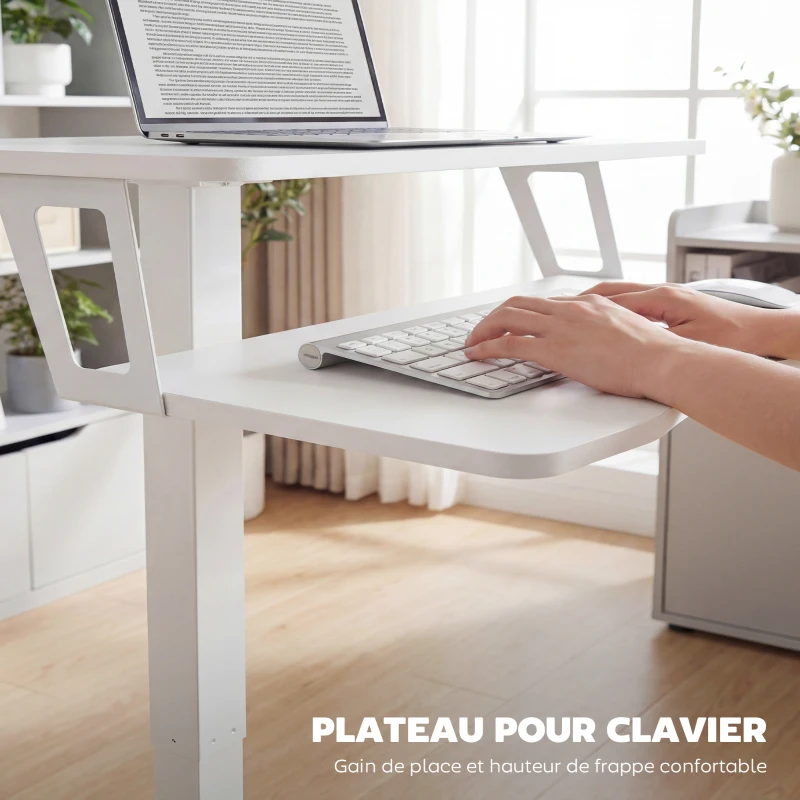 HOMCOM Bureau Assis-Debout Réglable en Hauteur, Bureau Mobile avec Plateau pour Clavier, Roulettes et Cadre en Acier, Blanc