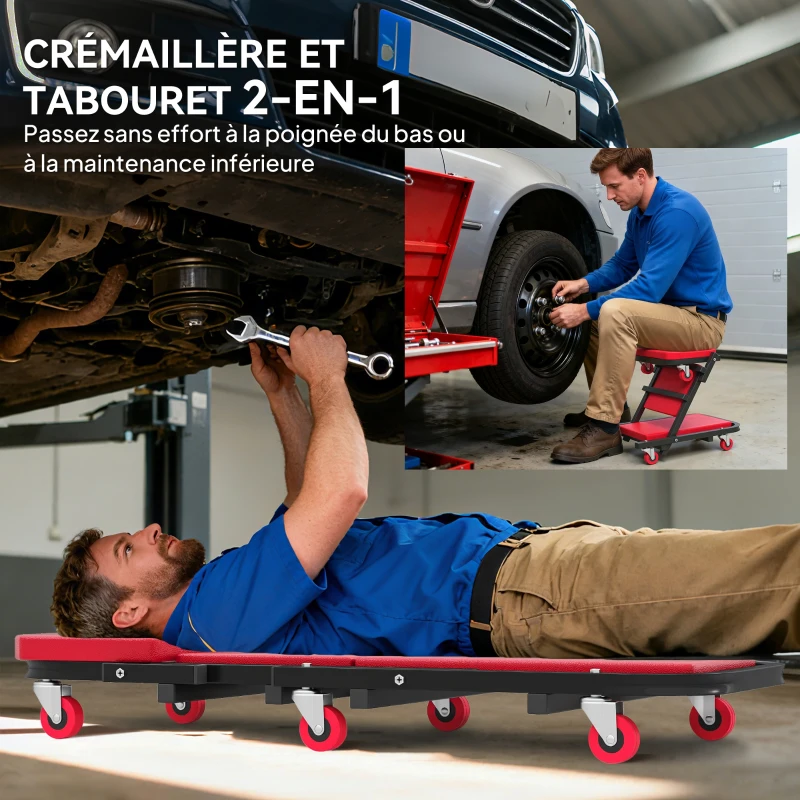 HOMCOM Planche à roulettes de montage 2 en 1 chariot de visite mécanicien pliable en Z charge 150kg 101,5 x 40 x 13,5 cm rogue