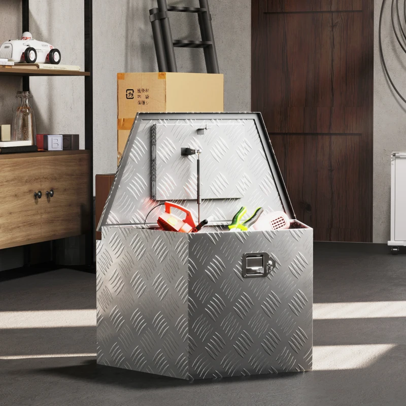 HOMCOM Boîte à outils pour remorque boîte de rangement en aluminium verrouillable en forme trapézoïdal 73,7 x 41 x 46 cm argent