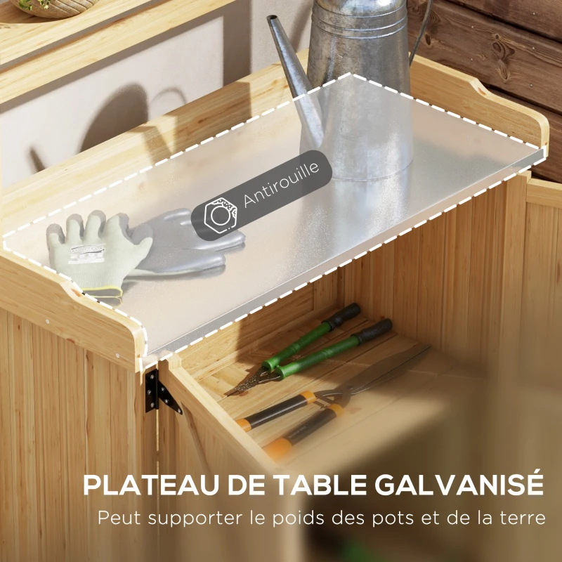 Outsunny Table de rempotage table de jardinage avec placard et étagères et plateau patins antidérapants en bois sapin jaune