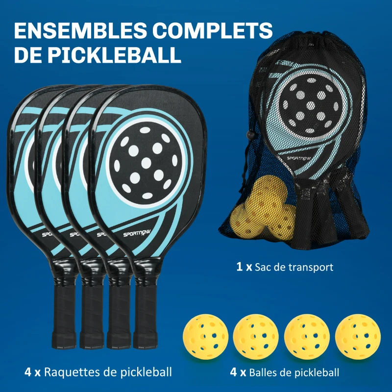 SPORTNOW Lot de 4 raquettes de pickleball ensemble de raquette de pickleball en bois de peuplier 4 balles et un sac bleu et noir