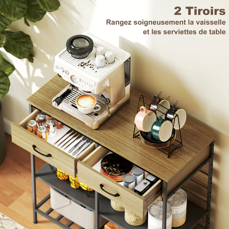 HOMCOM Buffet cuisine, meuble de rangement avec 2 tiroirs et 3 étagères ouvertes, 90 x 40 x 91 cm, bois naturel et noir