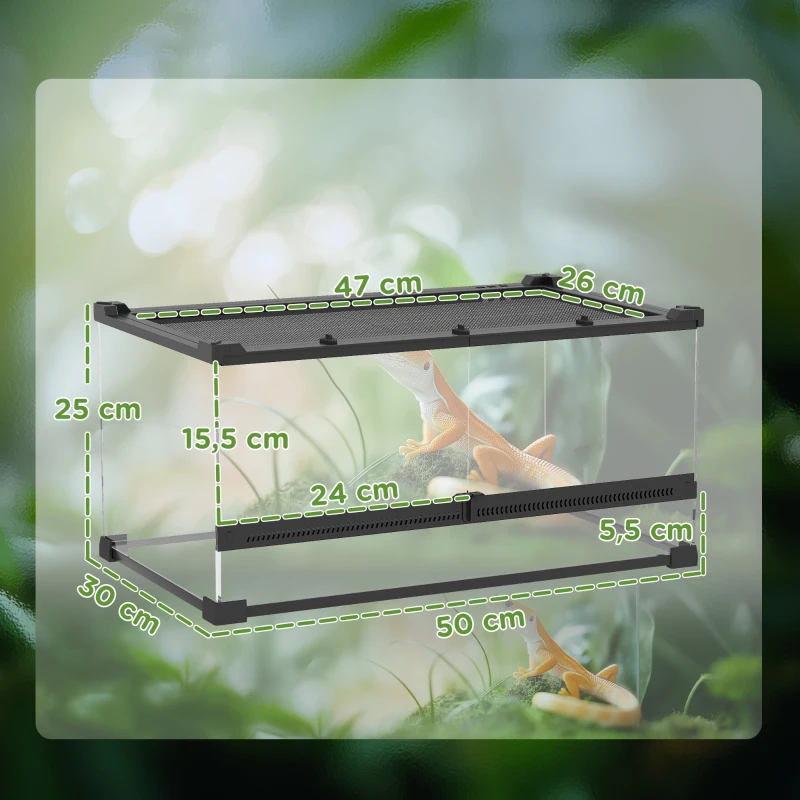 PawHut Reptile Glass Terrarium, Reptile Vivarium with Front Ventilation, Escape-Proof Knob Lock, Glass Enclosure for Lizards, Horned Frogs, Snakes, 50 x 30 x 25 cm, Black