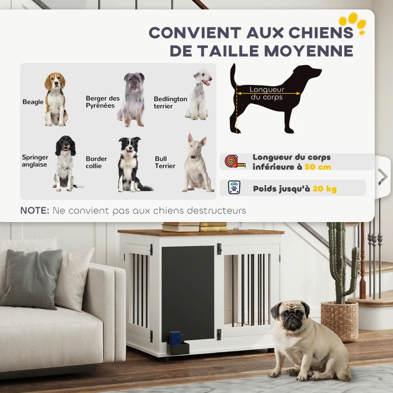 PawHut Cage pour chien cage chien intérieur avec 2 portes tableau noir pour chiens taille moyenne 20 kg 80 x 60 x 70 cm blanc
