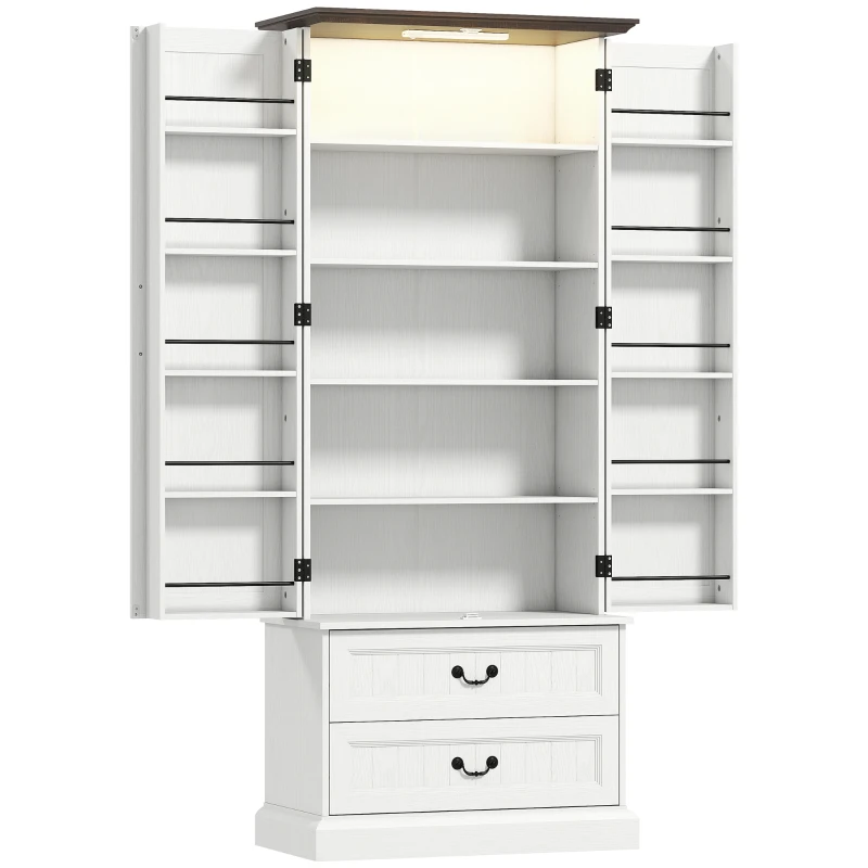 HOMCOM Buffet haut cuisine, armoire de cuisine, LED à capteur, 2 portes, tiroirs et étagères réglables, 76x39,5x183cm, blanc(m-12)