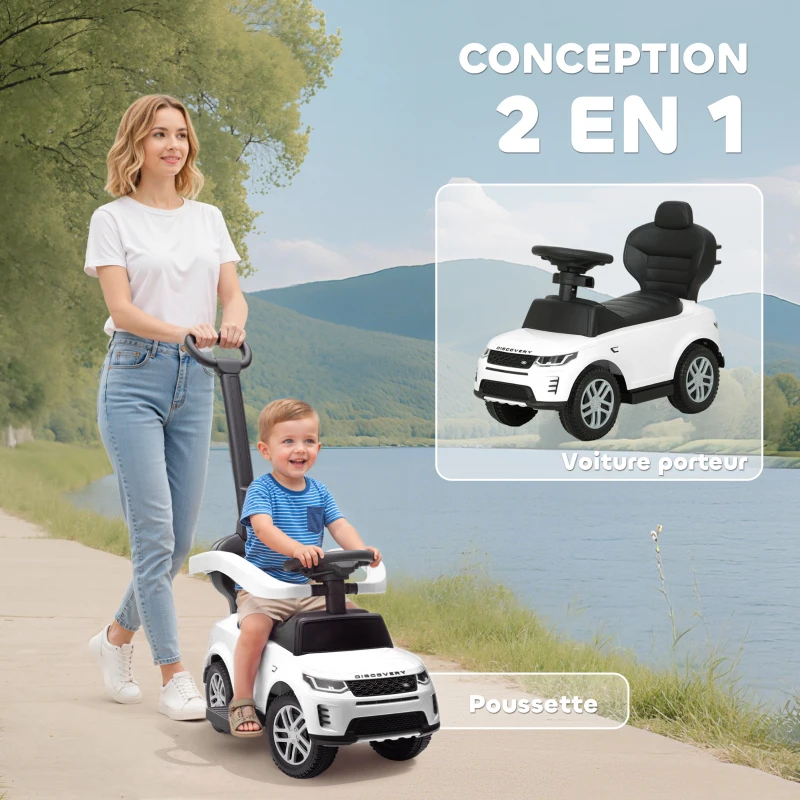 AIYAPLAY Porteur enfants Land Rover Discovery sous licence, porteur voiture à pousser avec poignée amovible, 84x40x94,5cm, blanc