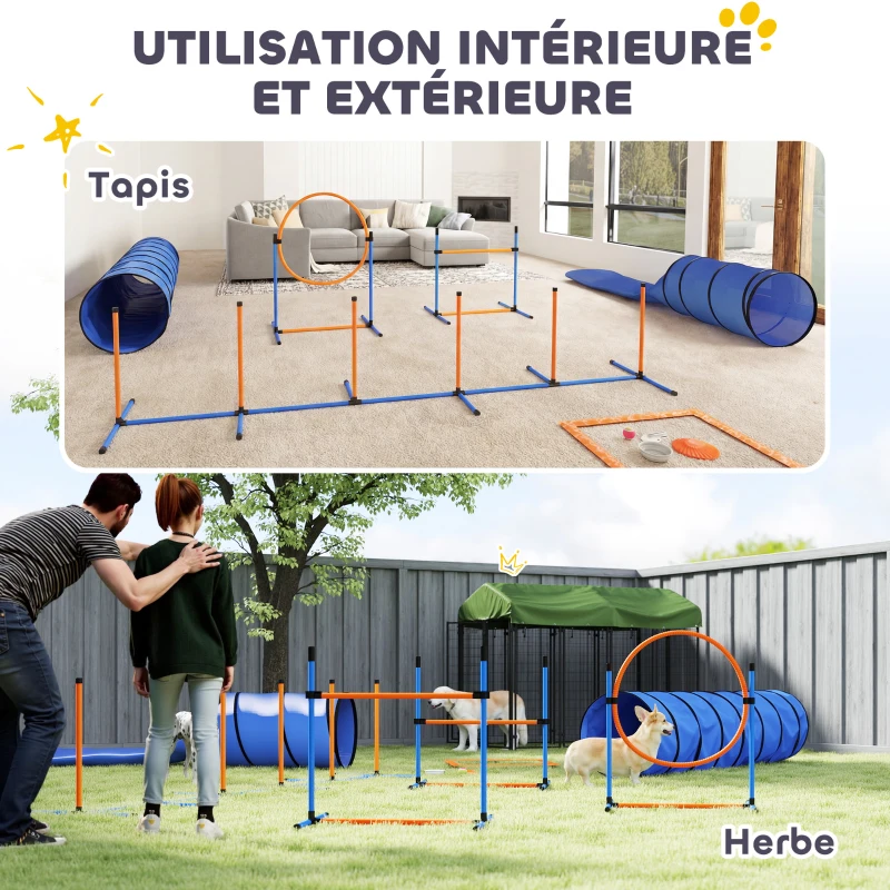 PawHut Ensemble d'Agilité pour Chien 11 Pièces, Parcours d'Obstacle avec 2 Tunnels, Sauts Ajustables, Orange et Bleu