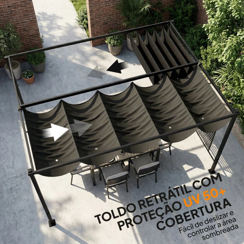 Outsunny Pérgola de Jardim 4x3 m com Teto Retrátil e 2 Painéis de Privacidade UPF50+ Pérgola para Exterior Cinzento
