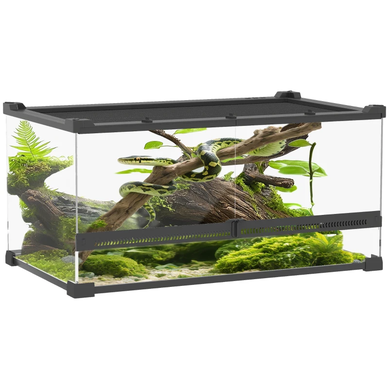 PawHut Reptile Glass Terrarium, Reptile Vivarium with Front Ventilation, Escape-Proof Knob Lock, Glass Enclosure for Lizards, Horned Frogs, Snakes, 50 x 30 x 25 cm, Black