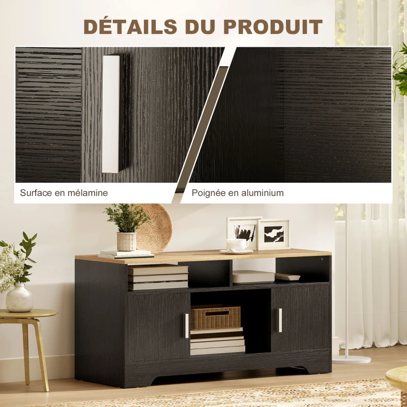HOMCOM Meuble TV banc TV en bois avec 2 niches 2 armoires à porte une armoire ouverte 105 x 40 x 52 cm effet bois noir