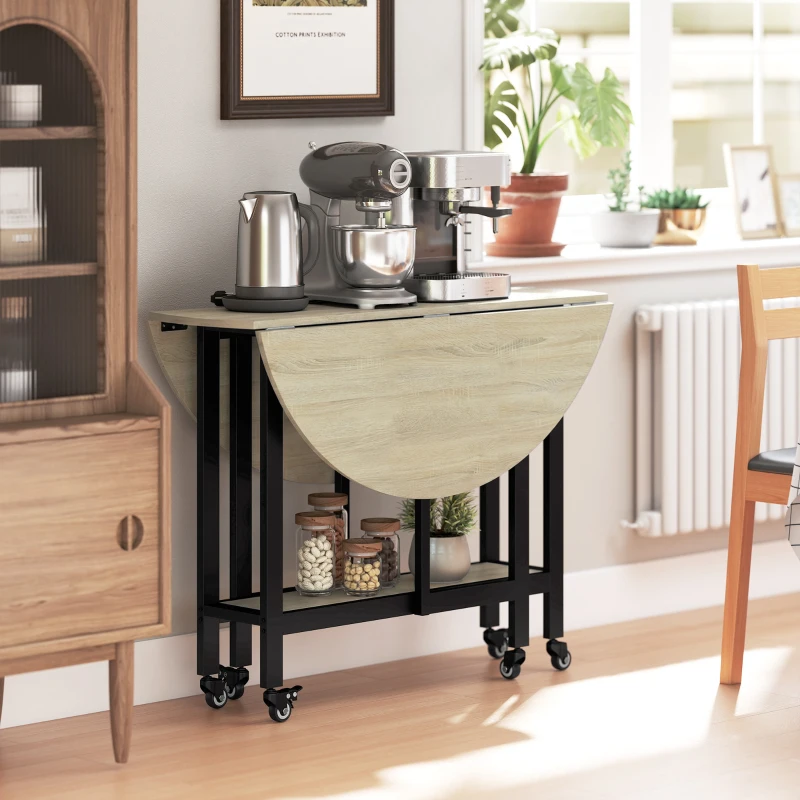 HOMCOM Mesa plegable, mesa con función abatible y estante abierto, mesa de cocina con ruedas para comedor, espacios pequeños, madera natural