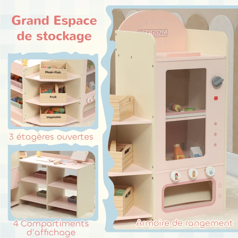 AIYAPLAY Supermarché pour enfant, marchande en bois, caisse enregistreuse, distributeur et accessoires, 90,7x60x73,8cm, vert(m-7)
