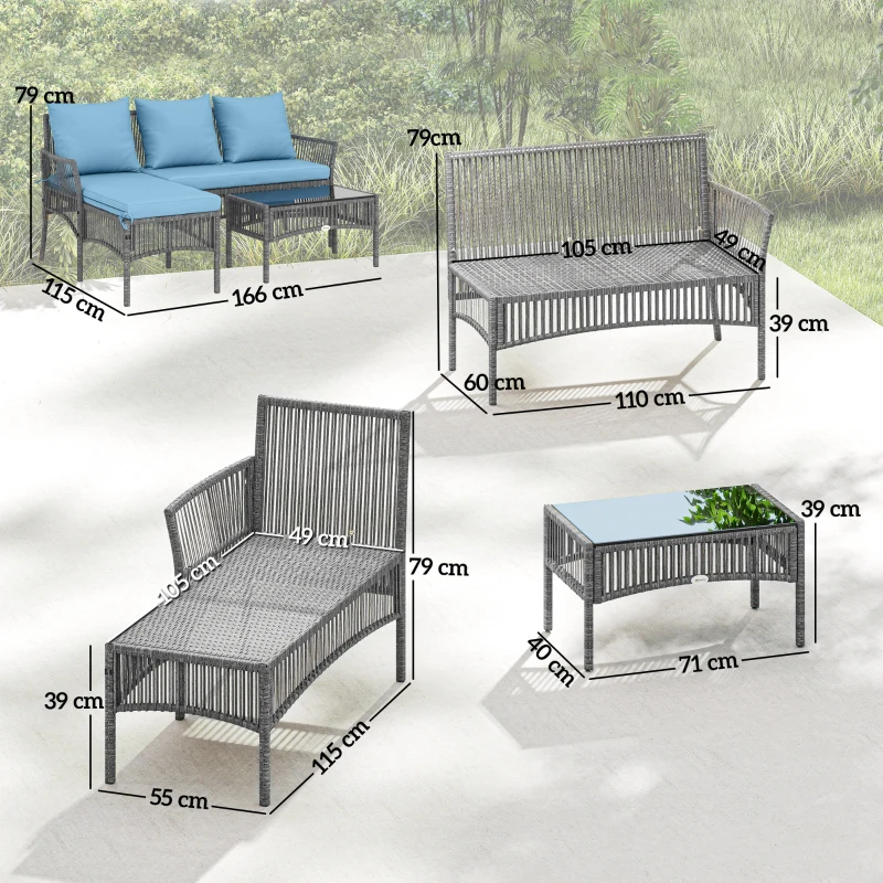 Outsunny Conjunto de Jardim Exterior de Vime com Sofá de 2 Lugares Chaise Longue e Mesa de Centro com Vidro Temperado Azul Claro