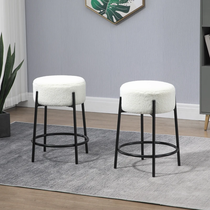 HOMCOM Lot de 2 tabourets de bar avec repose-pieds acier et revêtement effet laine bouclée hauteur 62 cm blanc et noir