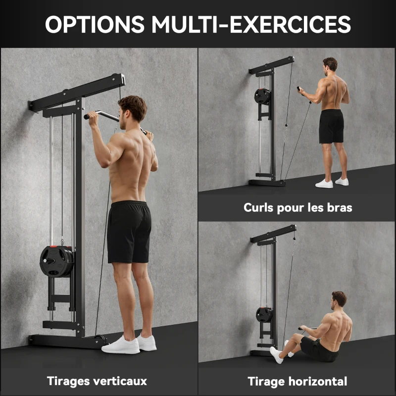 SPORTNOW Appareil de musculation mural, station de traction, poulie haute et basse, 2 poulies, en acier, 75 x 16 x 192 cm, noir(m-4)