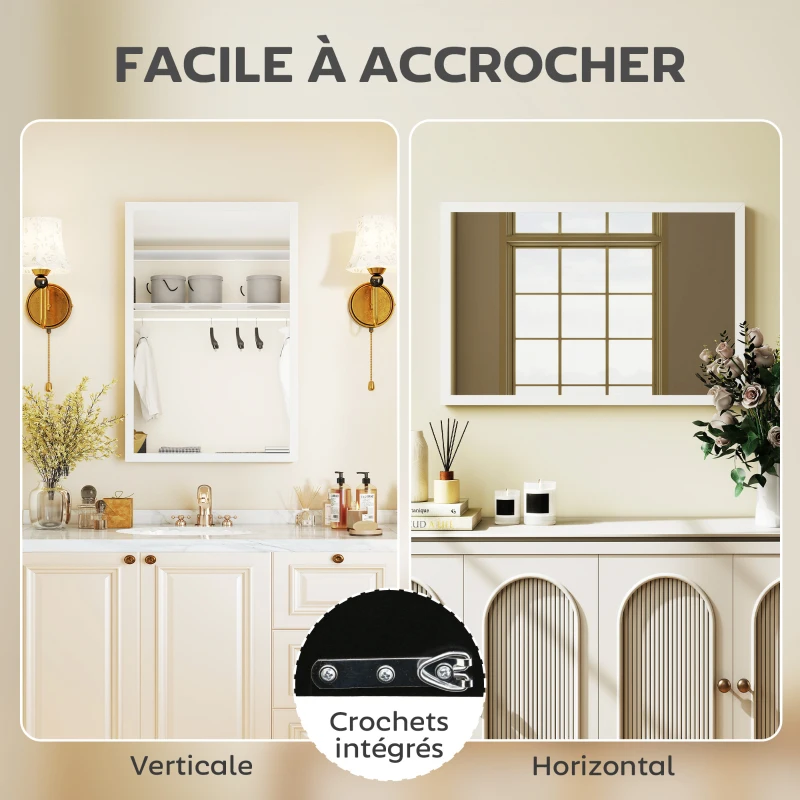 HOMCOM Miroir mural rectangulaire 60 x 40 cm, cadre en bois blanc, idéal pour la salle de bain, salon ou chambre
