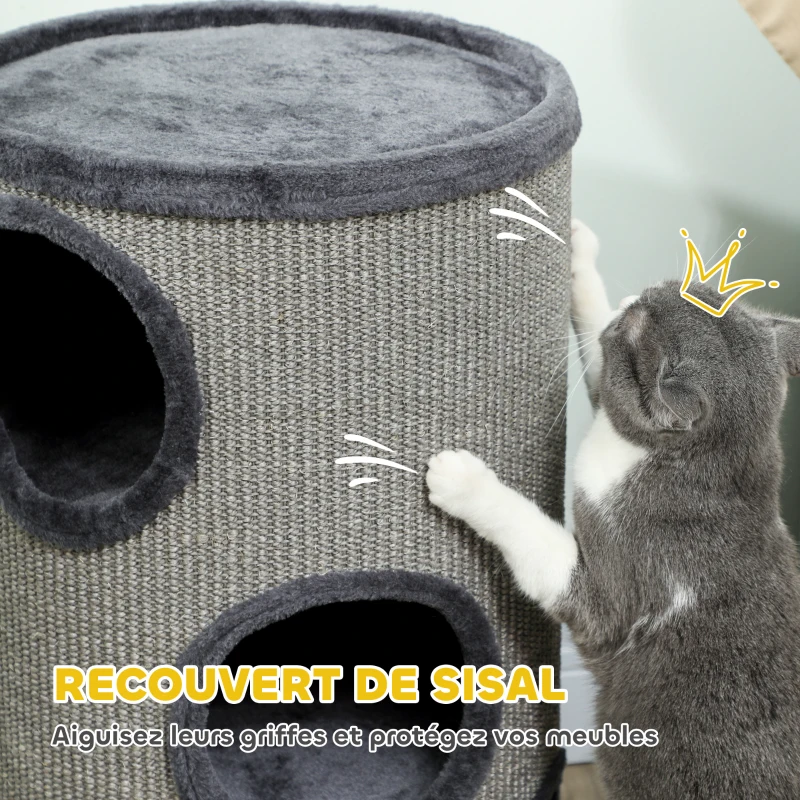 PawHut Tonneau à gratter pour chat, tour à griffer en sisal à 3 niveaux recouvert de peluche, Ø 38 x 70 cm, gris clair