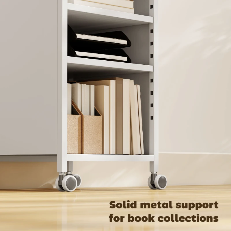 HOMCOM Mobilny regał na książki z regulowanymi półkami, 3-poziomowy wózek z górnym koszem, biały