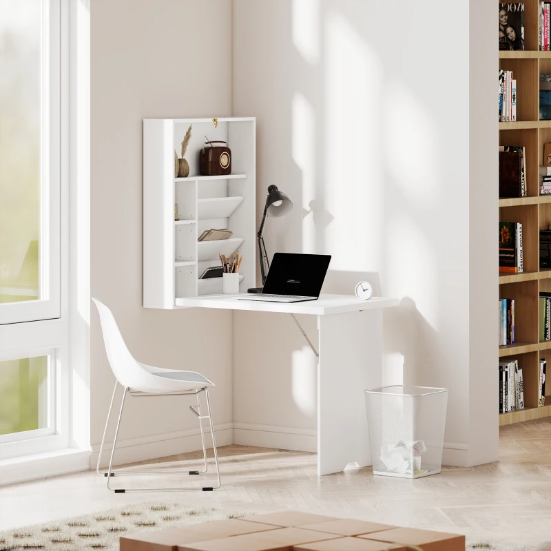 HOMCOM Bureau pliable mural, table murale pliante avec étagères pour salon, salle à manger, bureau, 93,8 x 60 x 147 cm, blanc