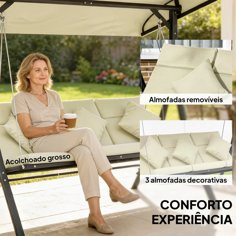 Outsunny Baloiço de Jardim Exterior de 3 Lugares com Toldo Ajustável e Estrutura de Aço 202x115x168 cm Bege