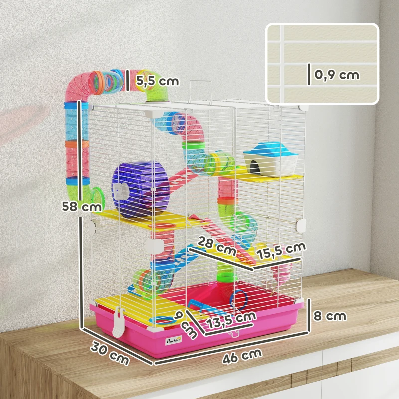 PawHut Gaiola para Hamsters com Túnel Comedouro Bebedouro Casa Rampas e Roda de Exercício 46x30x58 cm Rosa