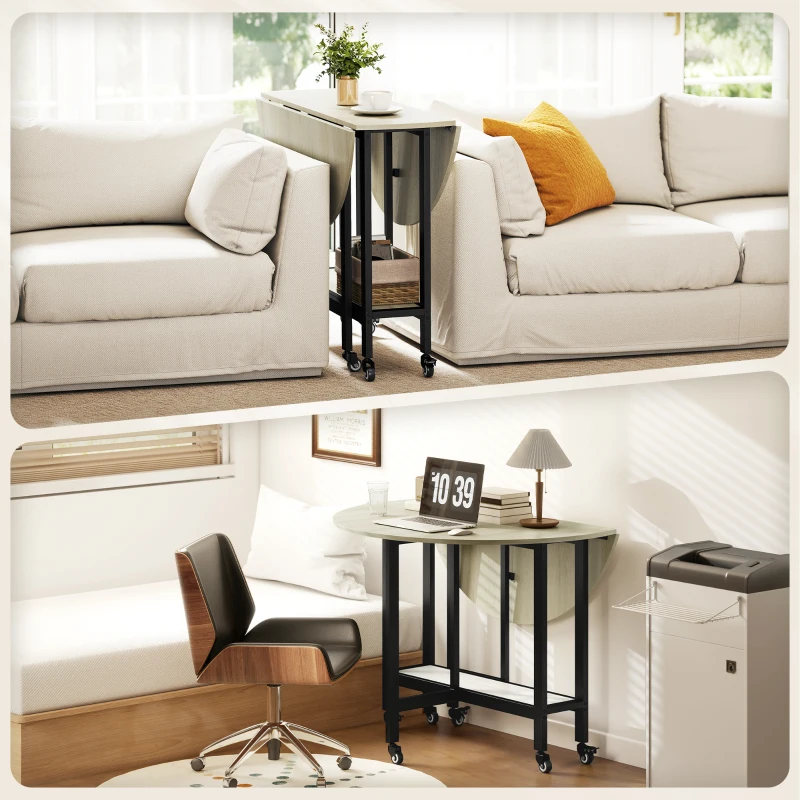 HOMCOM Mesa plegable, mesa con función abatible y estante abierto, mesa de cocina con ruedas para comedor, espacios pequeños, madera natural