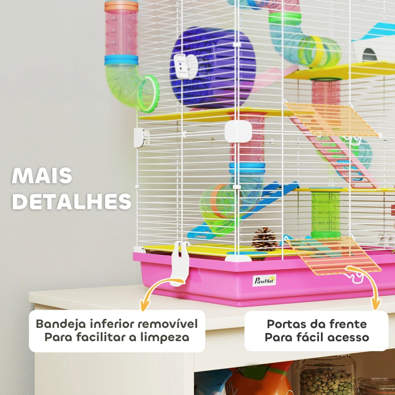 PawHut Gaiola para Hamsters com Túnel Comedouro Bebedouro Casa Rampas e Roda de Exercício 46x30x58 cm Rosa