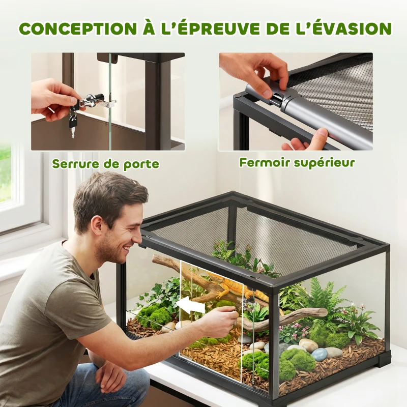 PawHut Terrarium en verre pour reptile enclos pour hamster 86 L ventilation supérieure porte coulissante 50,8x30,5x35,6cm noir
