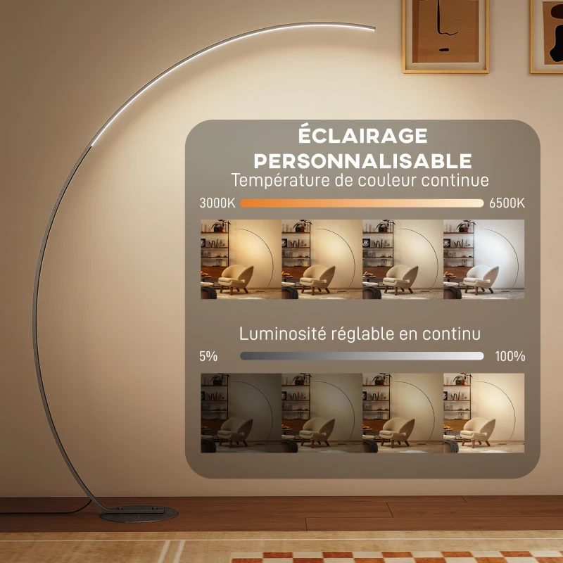 HOMCOM Lampadaire arc LED, lampadaire sur pied salon dimmable 30 W, télécommande magnétique, 120 x 27 x 172 cm, argent