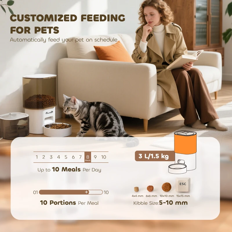 PawHut Automatyczny dyspenser karmy i 2,5 L dyspenser wody dla małych psów, kotów Biały