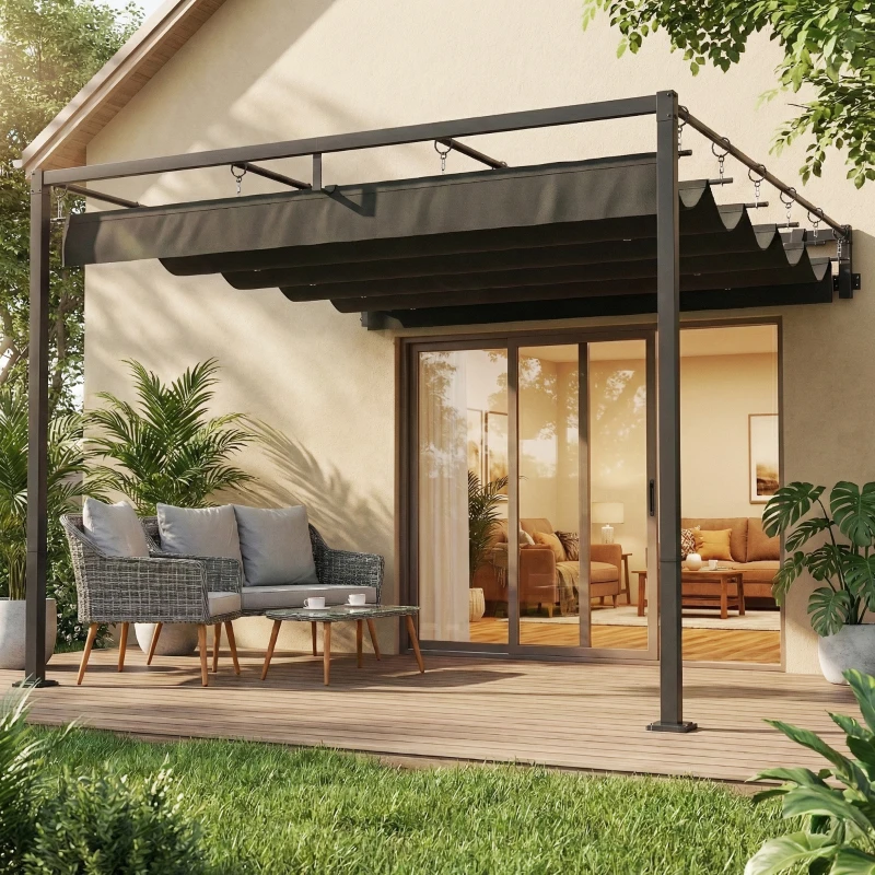 Outsunny Pérgola de Parede para Jardim 3x3 m com Teto Retrátil Proteção UPF30+ Drenagem Pérgola de Jardim para Exterior Cinzento