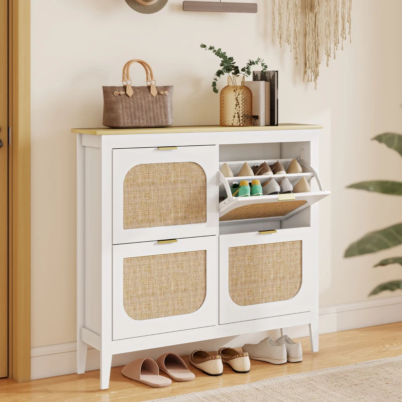 HOMCOM Meuble à chaussures 20 paires bohème avec 4 tiroirs rabattables, portes effet cannage rotin, 105 x 24 x 95,5 cm, blanc(m-2)