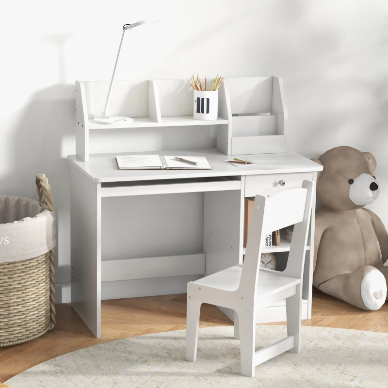 ZONEKIZ Bureau enfant avec chaise ergonomique avec clavier coulissant tiroir niches et étagères ouvertes 90 x 45 x 90 cm blanc