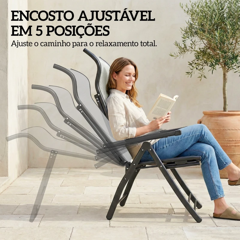Outsunny Conjunto de 2 Cadeiras Dobráveis Reclináveis de Jardim Exterior com Encosto Alto Ajustável em 5 Posições Apoio para Pés Cinza Claro