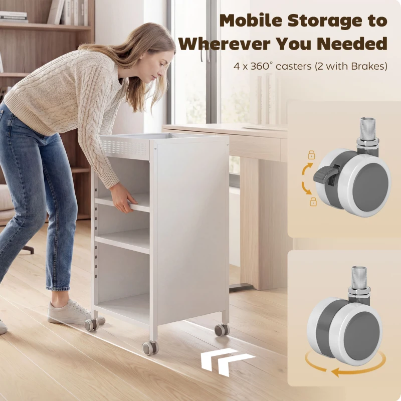 HOMCOM Mobilny regał na książki z regulowanymi półkami, 3-poziomowy wózek z górnym koszem, biały