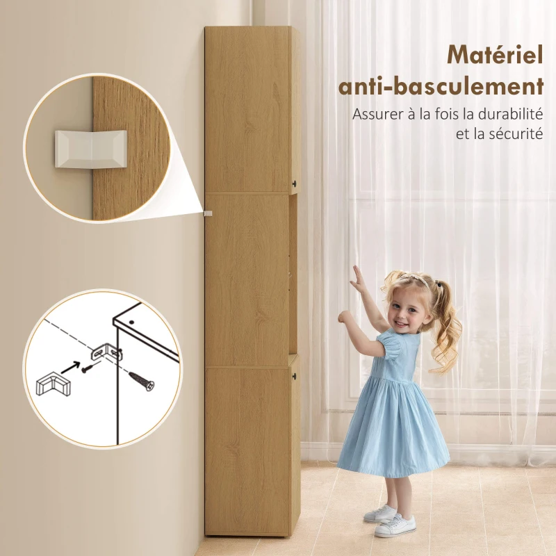 HOMCOM Armoire salle de bain haute, meuble de rangement colonne 6 niveaux 2 portes et étagères réglables, 40x31x182cm, chêne