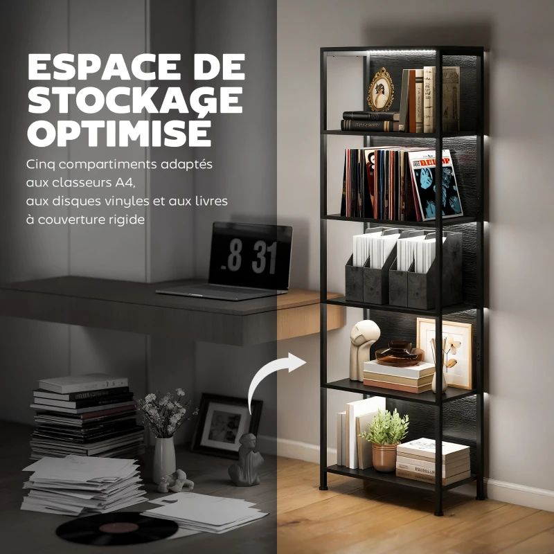 HOMCOM Bibliothèque étagère de rangement à 5 niveaux avec éclairage LED 7 couleurs, structure en acier, 60 x 30 x 179 cm, noir