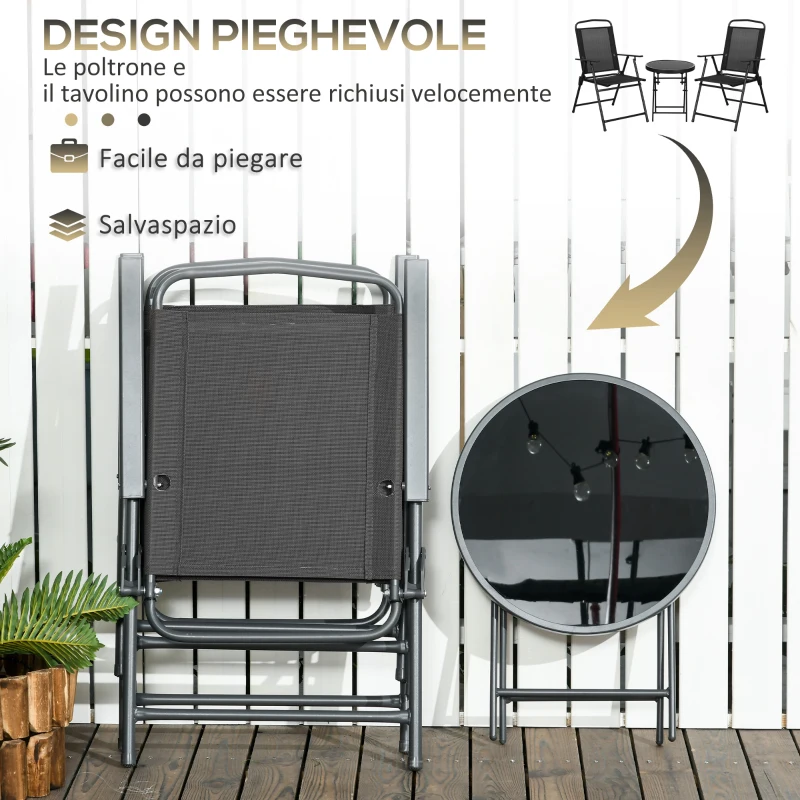 Outsunny Set da Giardino 3 Pezzi con 2 Sedie 53.5x64x93 cm e Tavolino da Caffè Ø45x50 cm, in Metallo, Nero