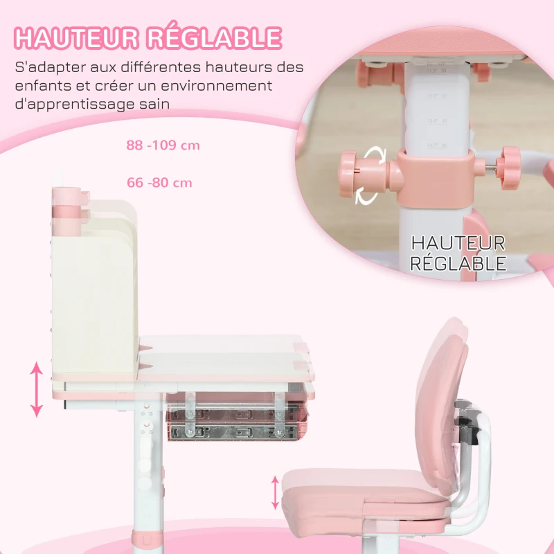 HOMCOM Ensemble bureau et chaise pour enfants hauteur réglable et plateau inclinable 0-60° table 80 x 52 x 88-109 cm rose
