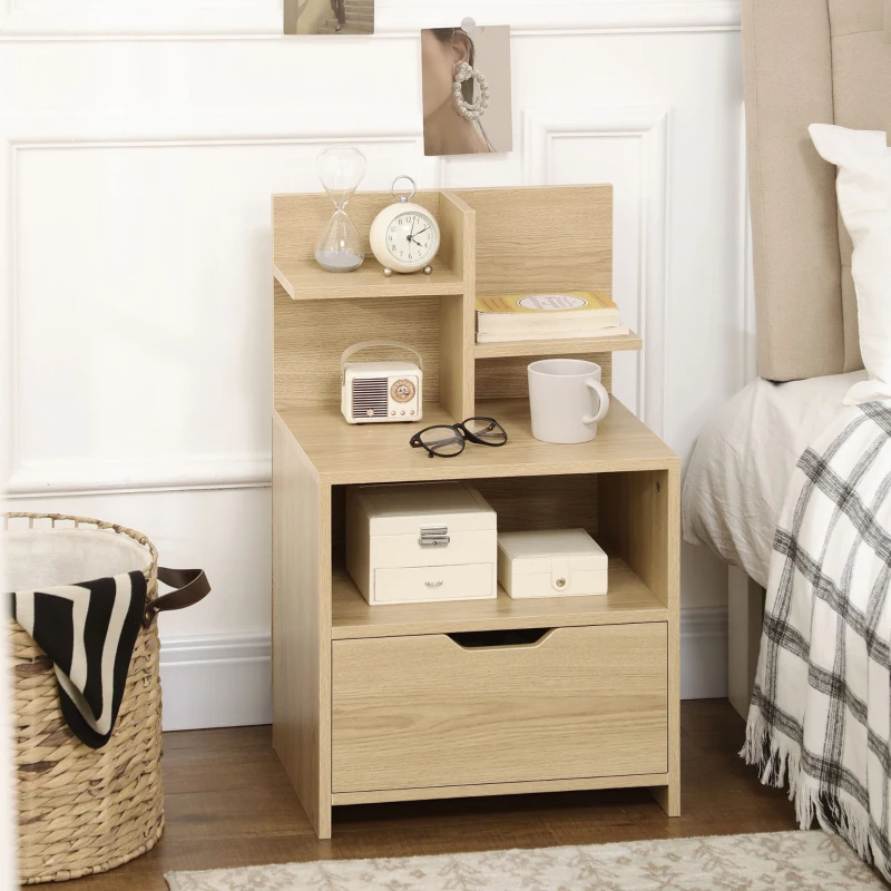HOMCOM Table de chevet table de nuit avec tiroir, niche et étagères de rangement effet bois 45 x 35 x 73 cm naturel