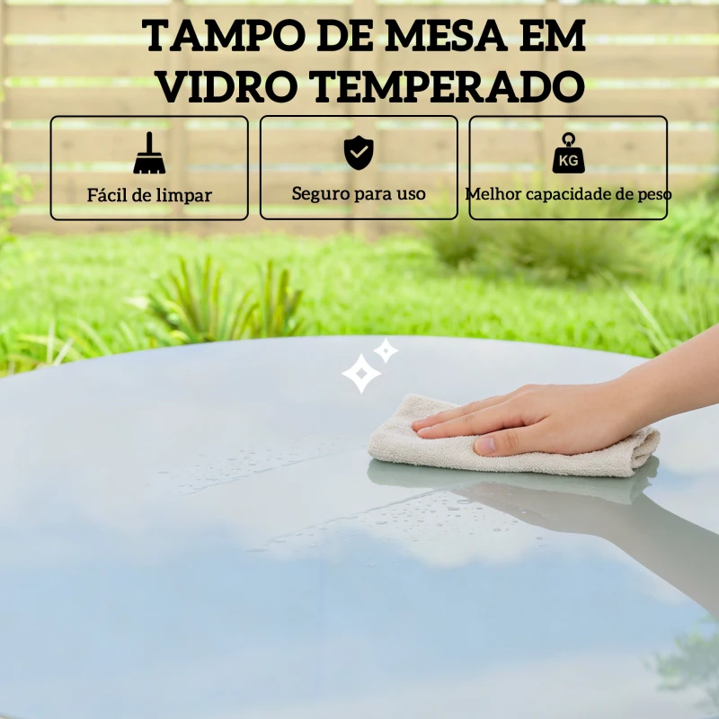 Outsunny Mesa de Jantar de Jardim Redonda 80x80x74 cm com Tampo de Vidro Temperado e Borda em Vime Estrutura de Aço Cinzento