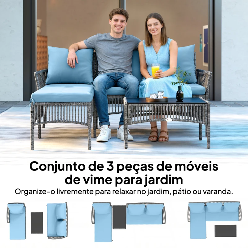 Outsunny Conjunto de Jardim Exterior de Vime com Sofá de 2 Lugares Chaise Longue e Mesa de Centro com Vidro Temperado Azul Claro