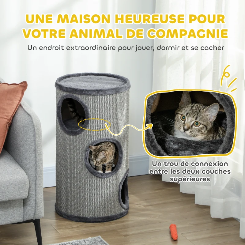 PawHut Tonneau à gratter pour chat, tour à griffer en sisal à 3 niveaux recouvert de peluche, Ø 38 x 70 cm, gris clair
