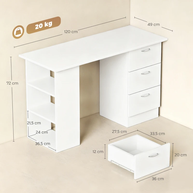 HOMCOM Bureau avec rangement, table informatique 120 x 50 cm, bureau d'ordinateur avec étagères et tiroirs, pour petits espaces, chambre à coucher, blanc