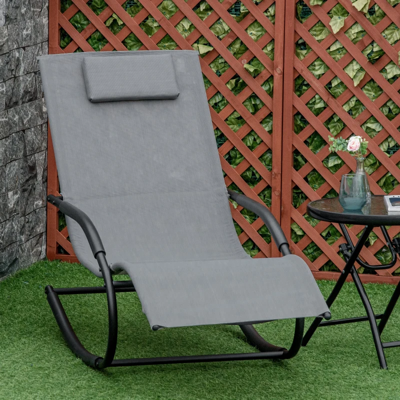 Outsunny Chaise longue à bascule rocking chair ergonomique avec tétière accoudoirs métal galvanisé textilène Gris